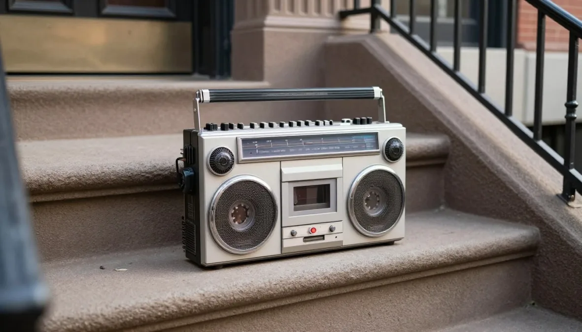 A classic vintage 1980s boombox sitting on concrete steps in New York