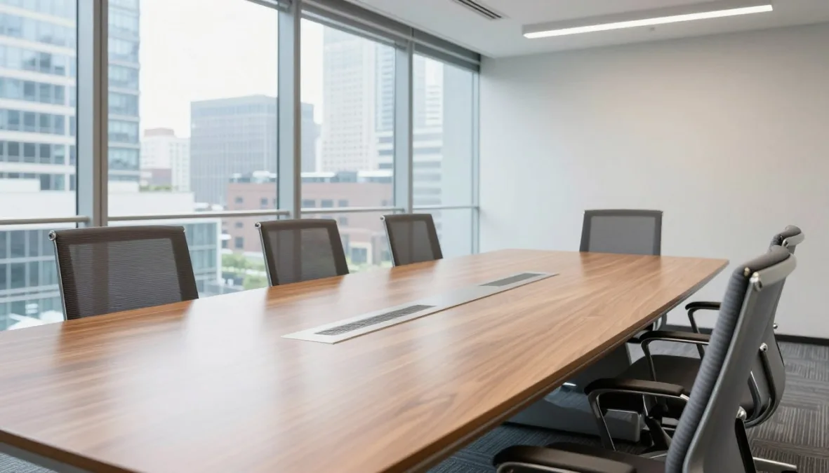 A clean conference table in a modern corporate meeting room A clean conference table in a modern corporate meeting room