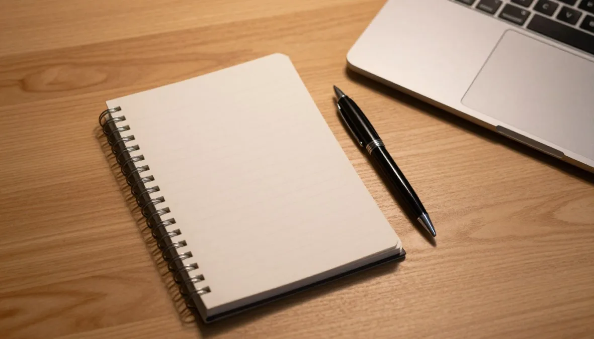 A clean notepad with a metal pen resting beside a modern laptop A clean notepad with a metal pen resting beside a modern laptop