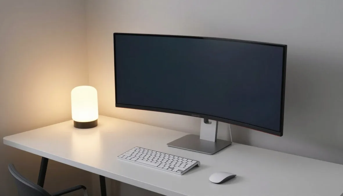 A clean workspace with an ultra-wide monitor showing productivity windows A clean workspace with an ultra-wide monitor showing productivity windows