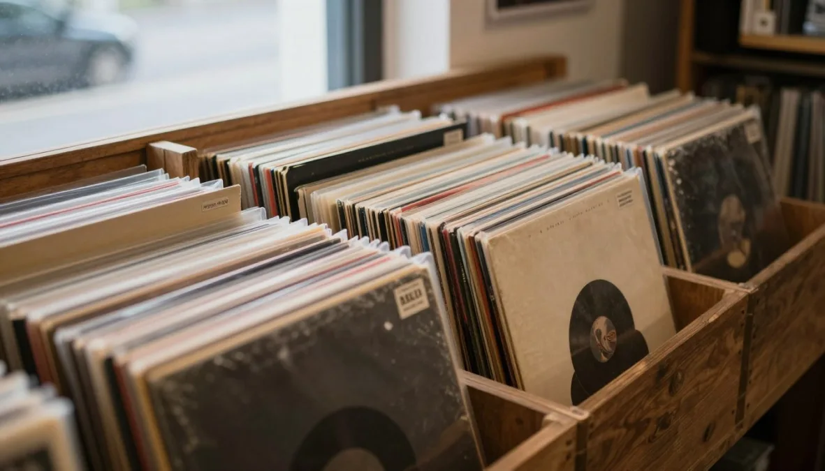 A collection of classic vinyl records arranged in wooden crates