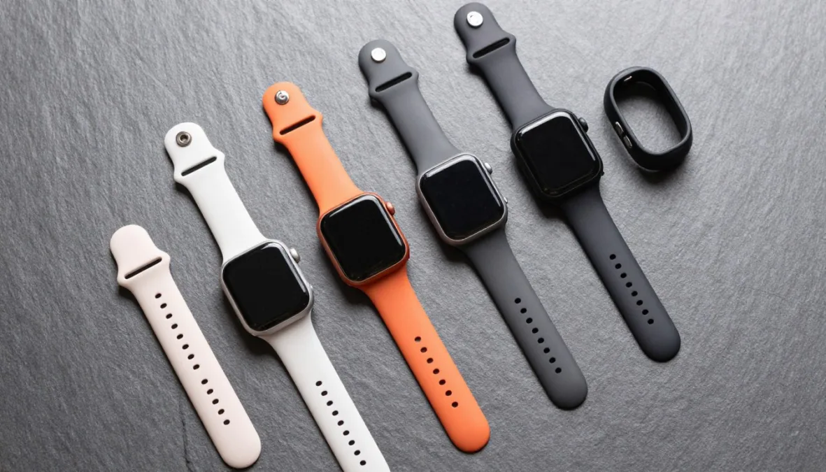 A collection of diverse smartwatches and fitness trackers neatly arranged on a clean gray surface