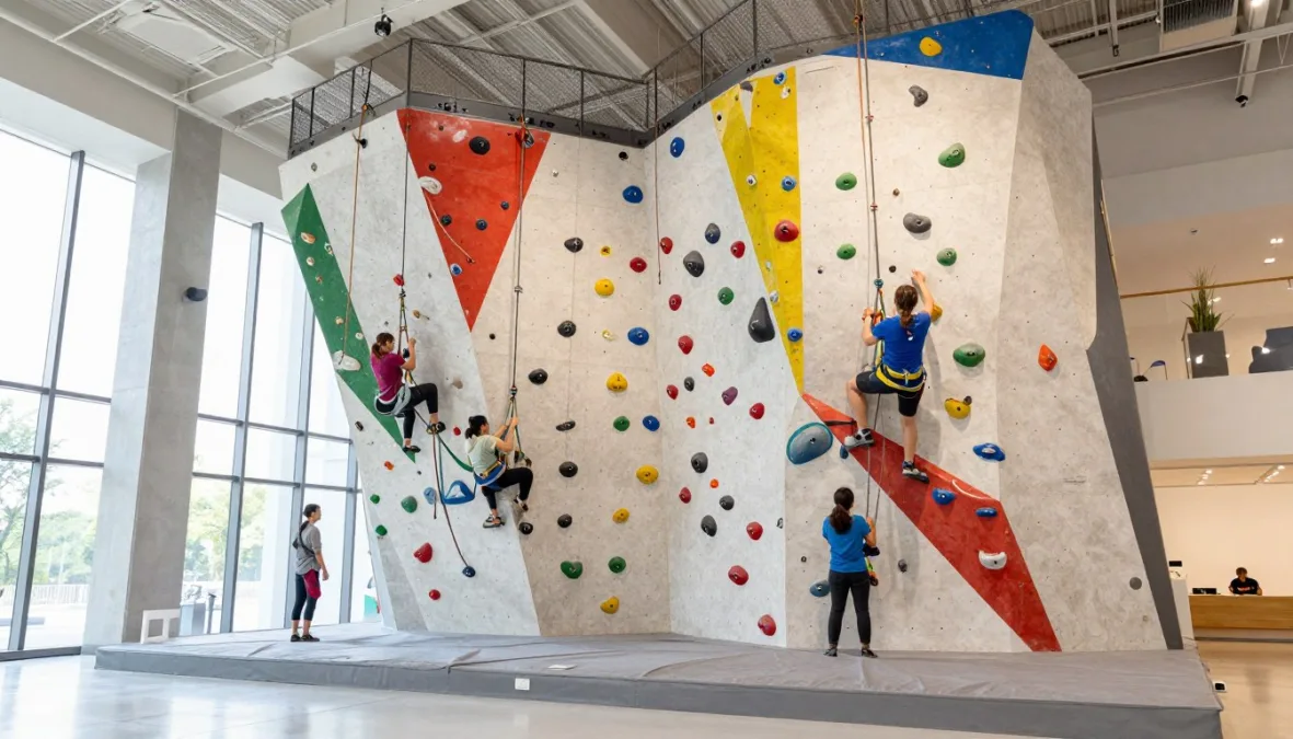A colorful climbing art structure inside a children's museum A colorful climbing art structure inside a children's museum