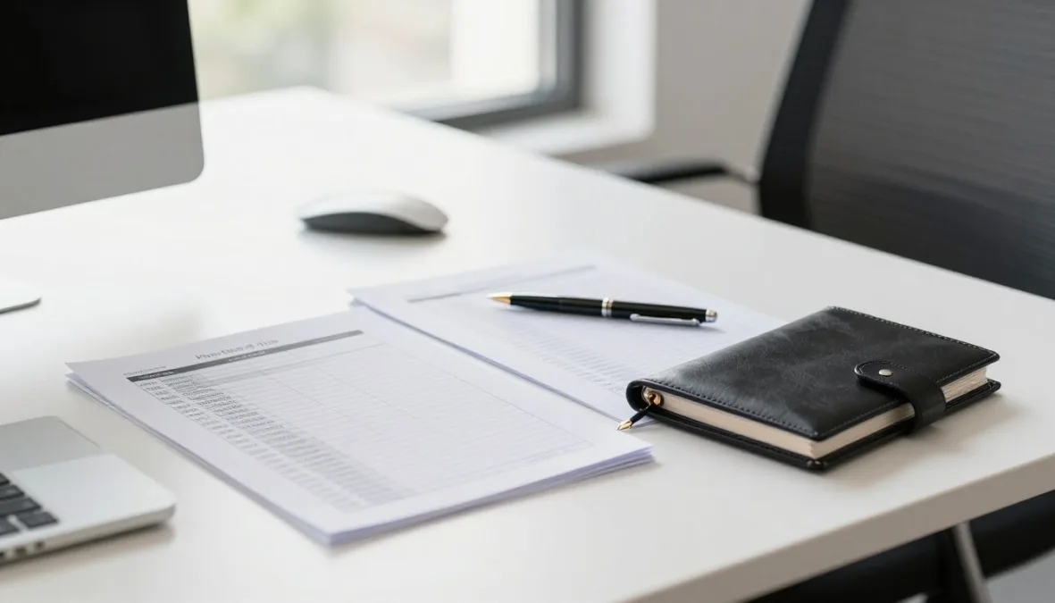 A commercial finance workstation with physical balance sheets and reference notebooks A commercial finance workstation with physical balance sheets and reference notebooks