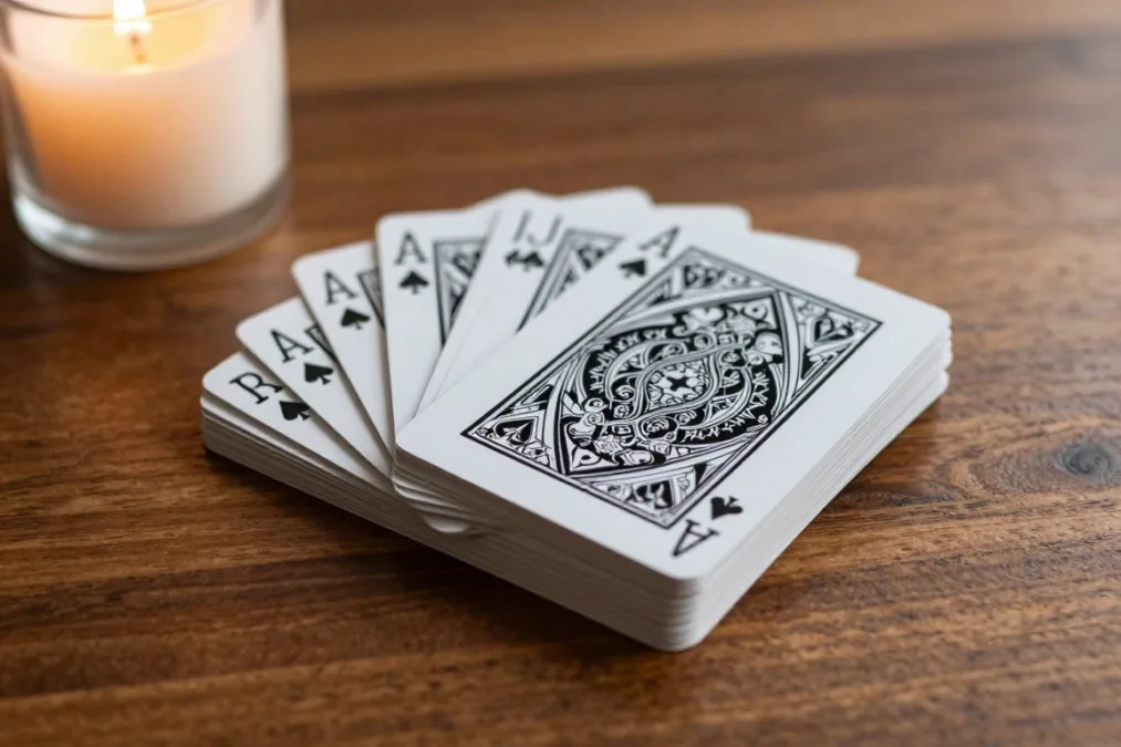 A deck of illustrated identity cards face down on a polished table A deck of illustrated identity cards face down on a polished table