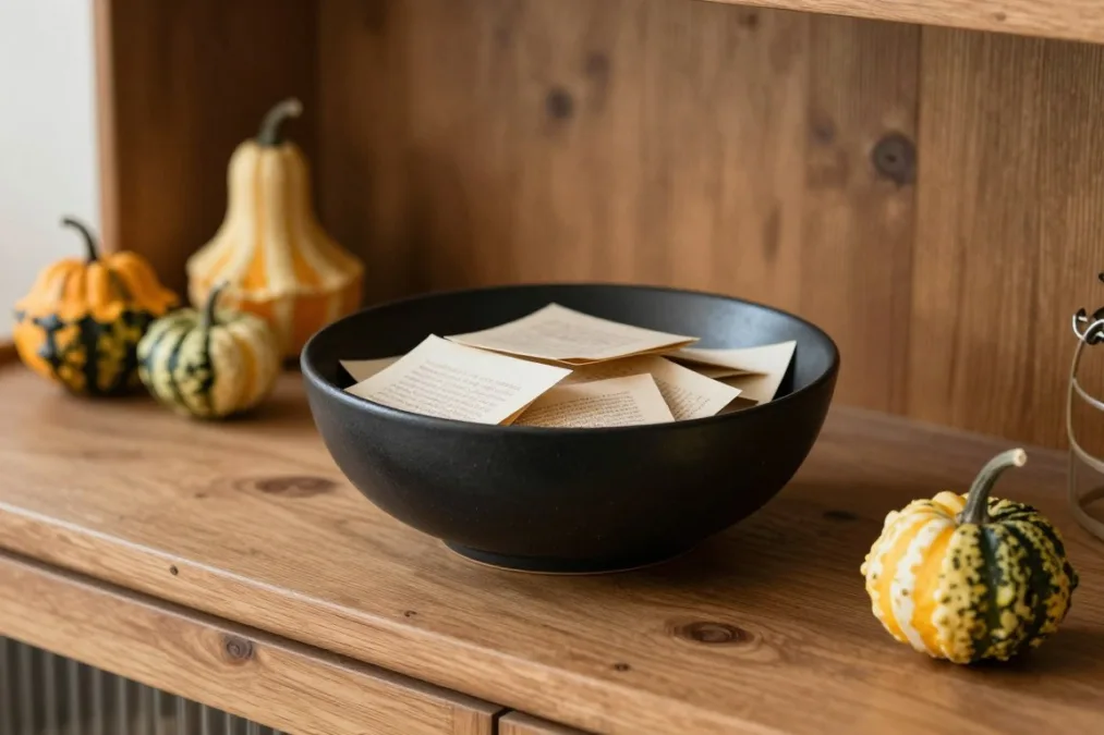 A decorative ceramic bowl filled with folded paper prompt slips A decorative ceramic bowl filled with folded paper prompt slips