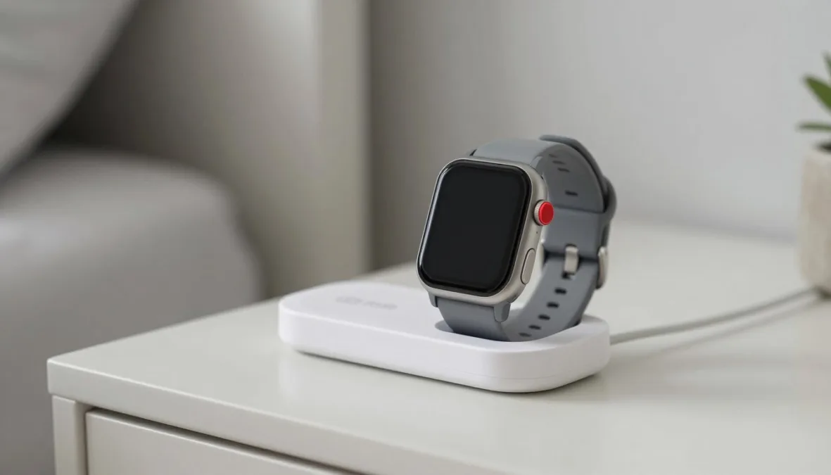 A dedicated medical alert watch with a red emergency button sitting on its magnetic charging cradle A dedicated medical alert watch with a red emergency button sitting on its magnetic charging cradle