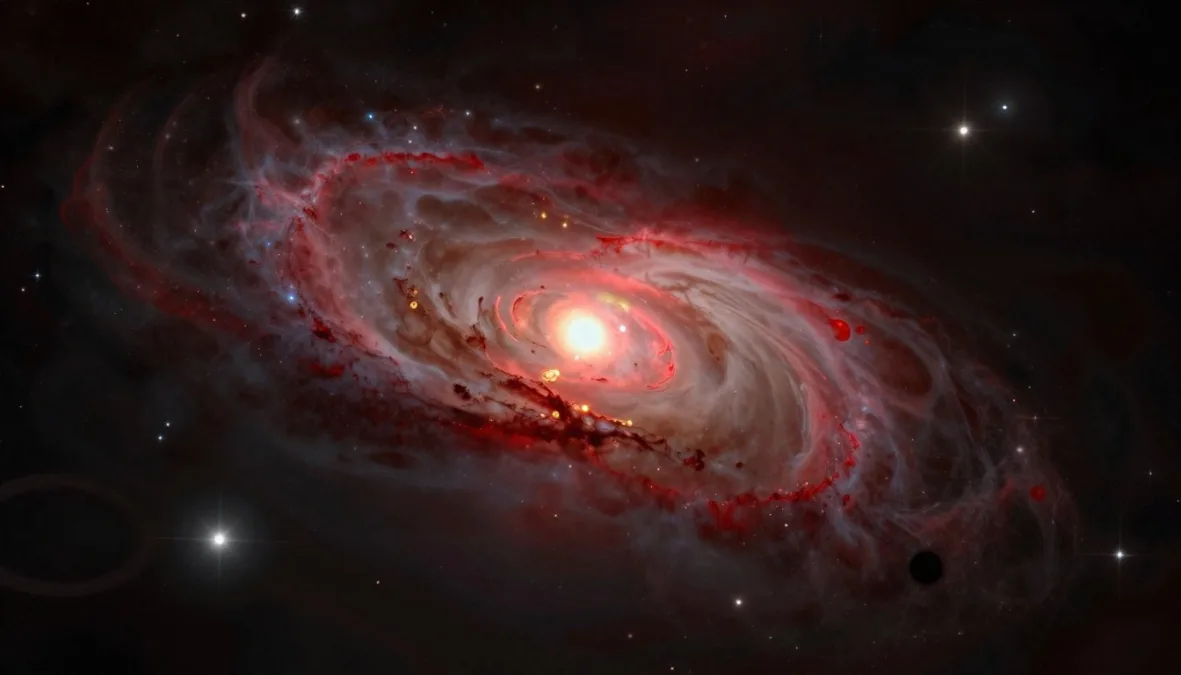 A deep cosmic field revealing faint red glowing galaxies from the dawn of time