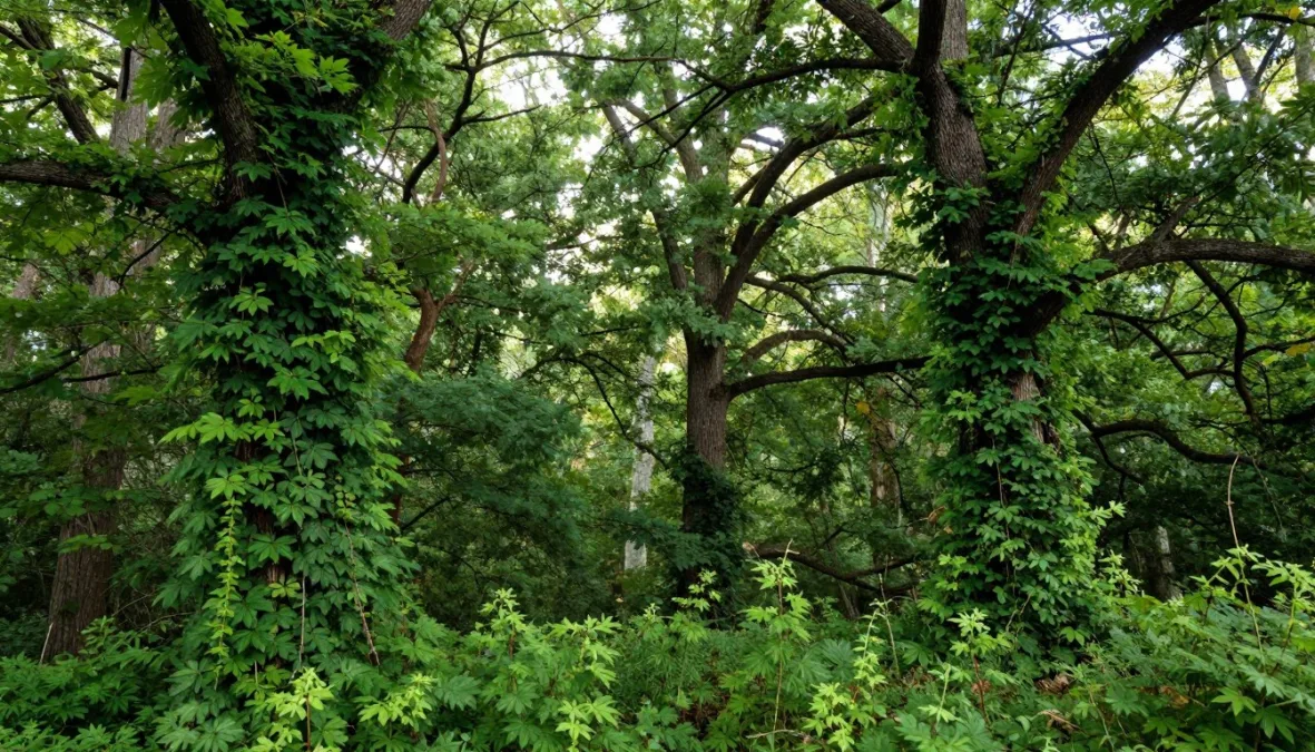 A dense forest edge covered by fast-growing climbing invasive vines choking native deciduous trees