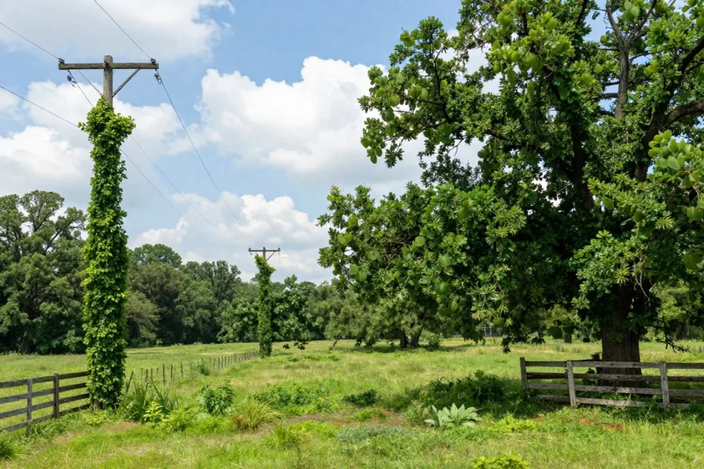 A dense green carpet of kudzu vines covering trees and roadside slopes in the South