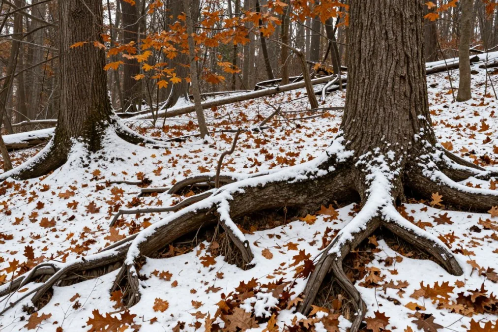 A dense woodland ground covered in autumn leaves and snow patches