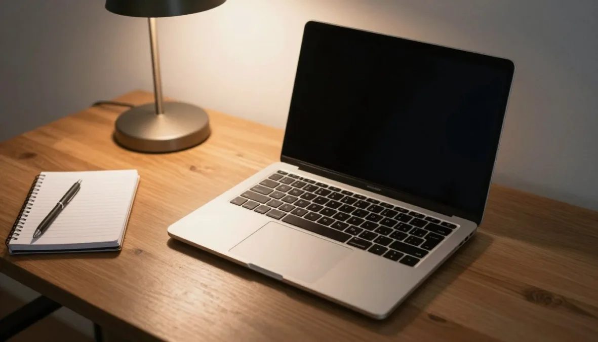 A designer working on a clean laptop screen with a cup of coffee on a minimalist wooden table