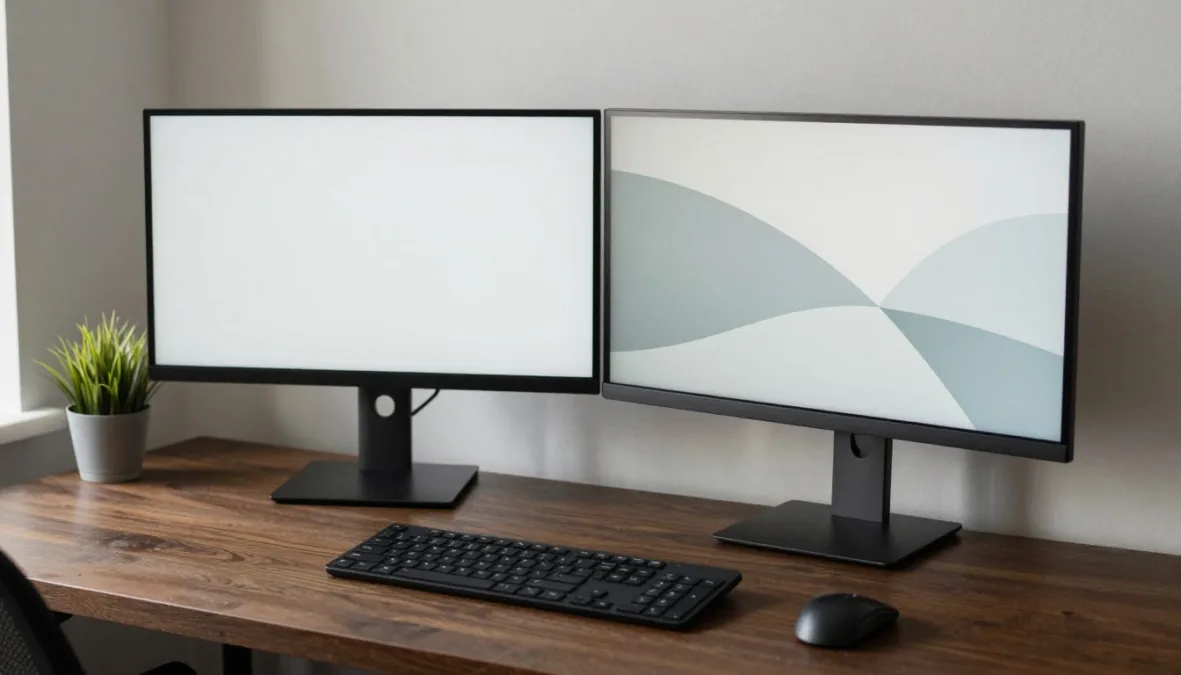 A desktop setup featuring dual displays in a bright contemporary study A desktop setup featuring dual displays in a bright contemporary study