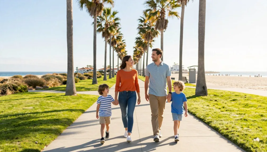 A family exploring sunny coastal park paths in San Diego