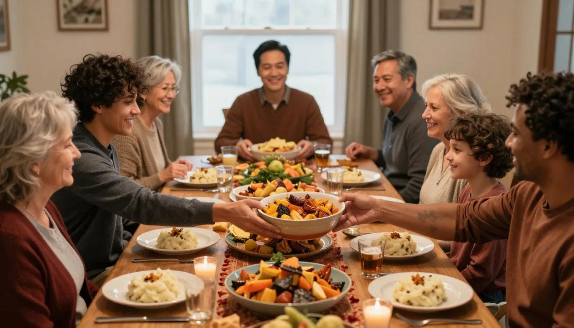 A family passing bowls of food across a crowded dining room table during Thanksgiving A family passing bowls of food across a crowded dining room table during Thanksgiving