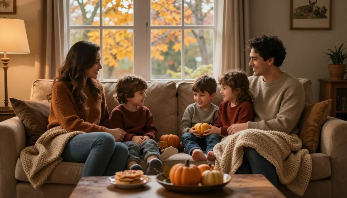 A family sitting together on a living room sofa wrapped in blankets watching television on Thanksgiving afternoon