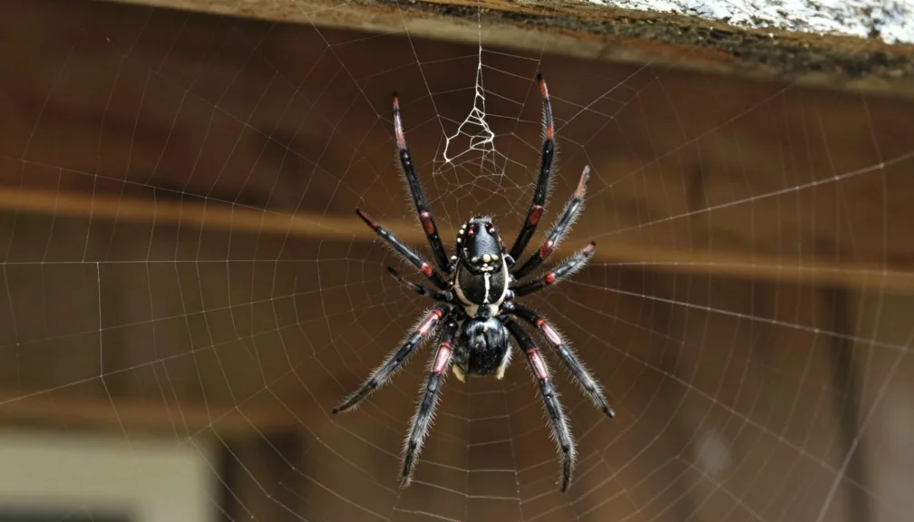A female black widow spider resting on a clean web