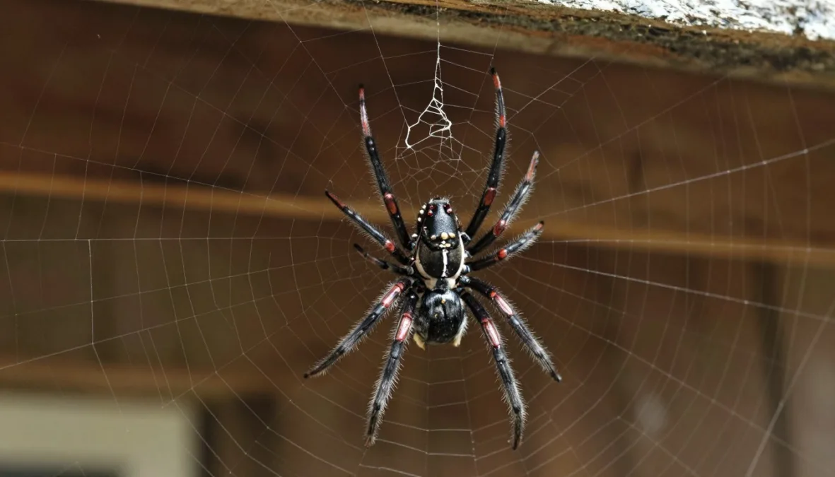 A female black widow spider resting on a clean web
