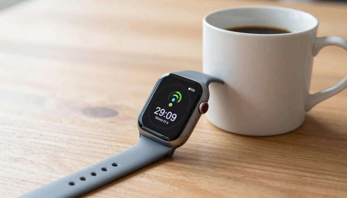 A fitness smartwatch displaying morning sleep score statistics on a nightstand A fitness smartwatch displaying morning sleep score statistics on a nightstand