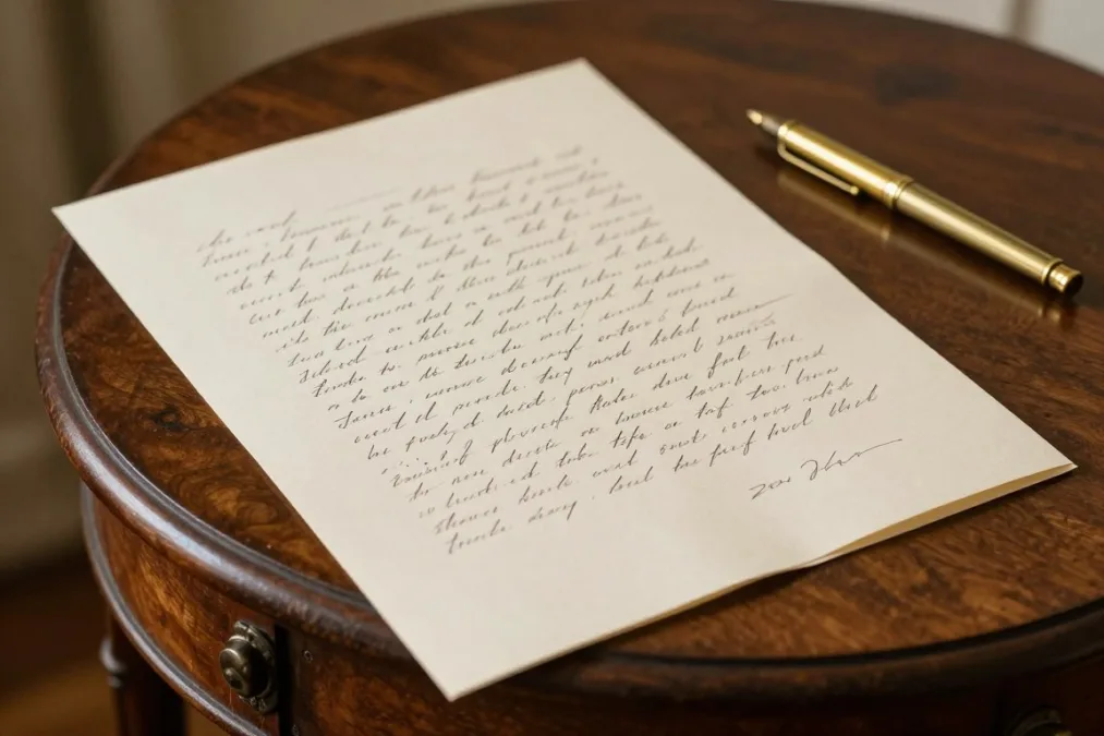 A folded piece of paper with handwritten cursive text beside an ink pen A folded piece of paper with handwritten cursive text beside an ink pen