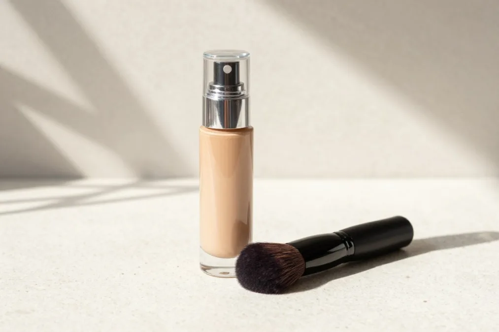A glass bottle of luminous skin tint next to a synthetic bristled foundation blending brush on a clean marble surface A glass bottle of luminous skin tint next to a synthetic bristled foundation blending brush on a clean marble surface