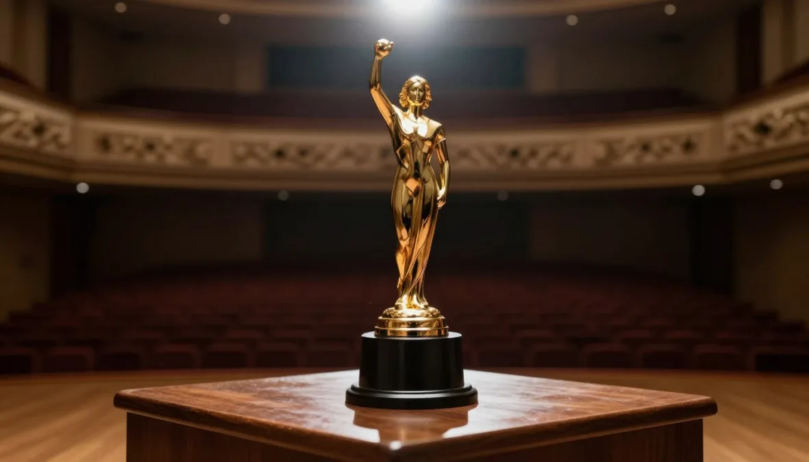 A golden music award trophy sitting on a pedestal in an auditorium
