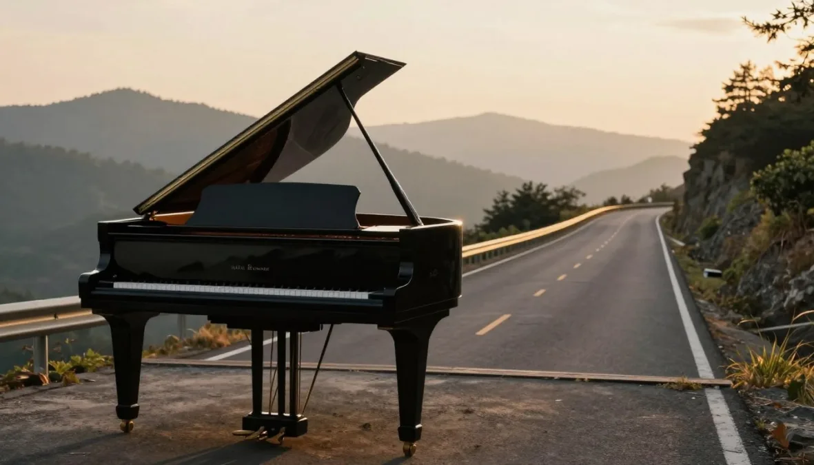 A grand piano positioned on an open mountain overlook during golden hour