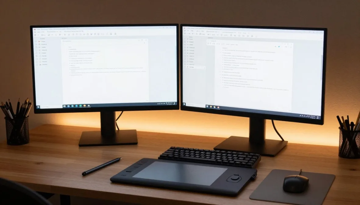 A graphic designer reviewing digital proofs on a dual-screen monitor setup A graphic designer reviewing digital proofs on a dual-screen monitor setup