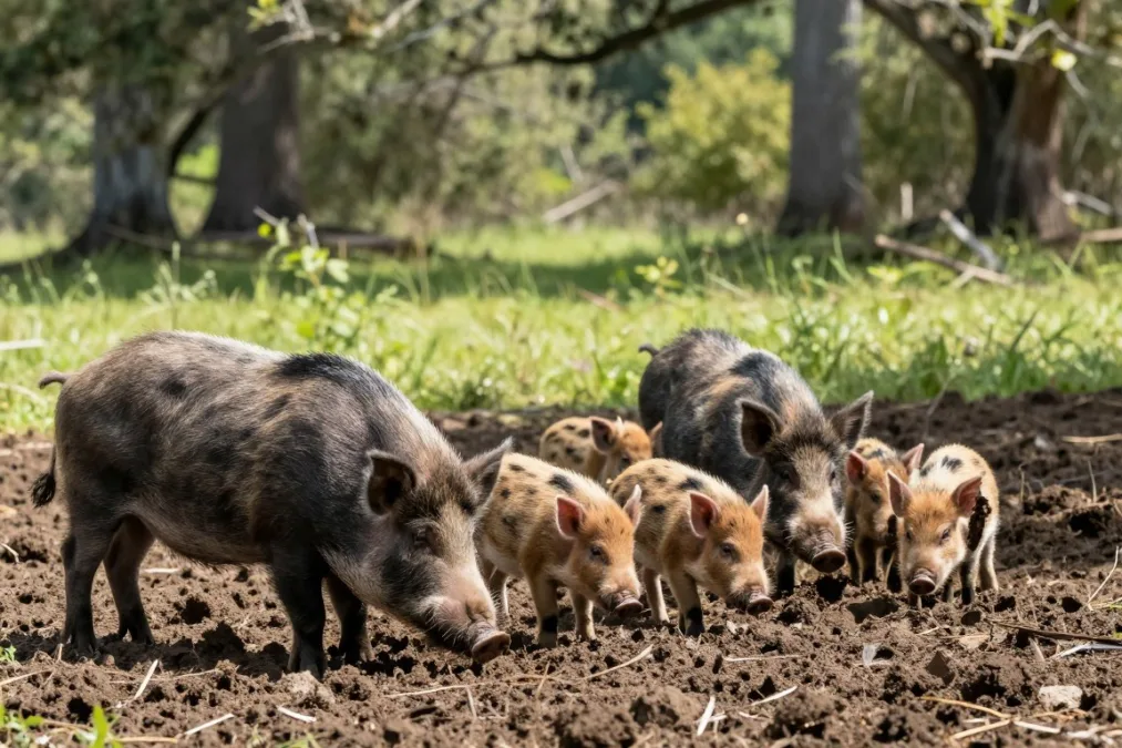 A group of wild feral swine foraging through disturbed soil in a southern woodland pasture