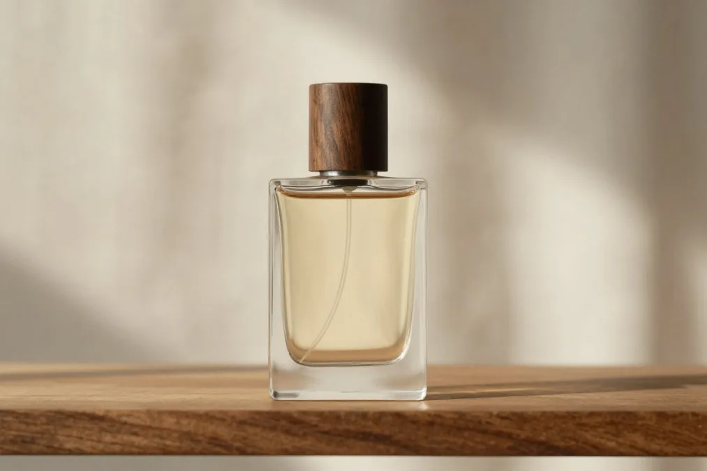 A heavy clear glass perfume bottle with a dark circular wooden cap resting on a minimal wood surface A heavy clear glass perfume bottle with a dark circular wooden cap resting on a minimal wood surface