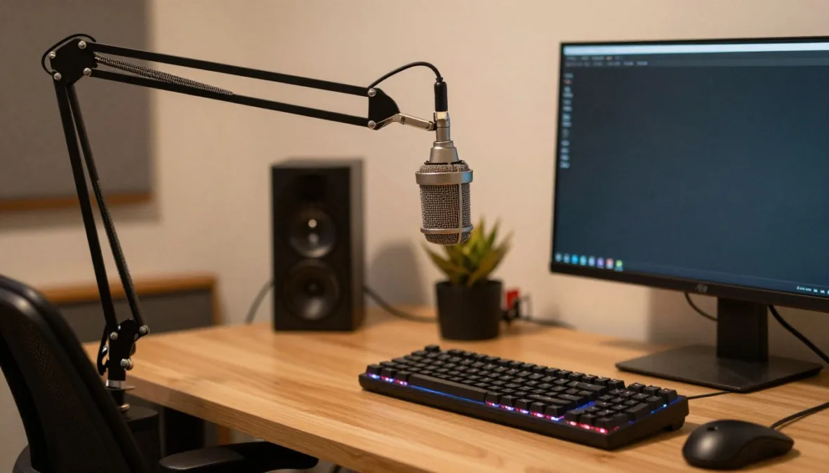 A home studio desk with microphone, keyboard, and notebook ready for content production