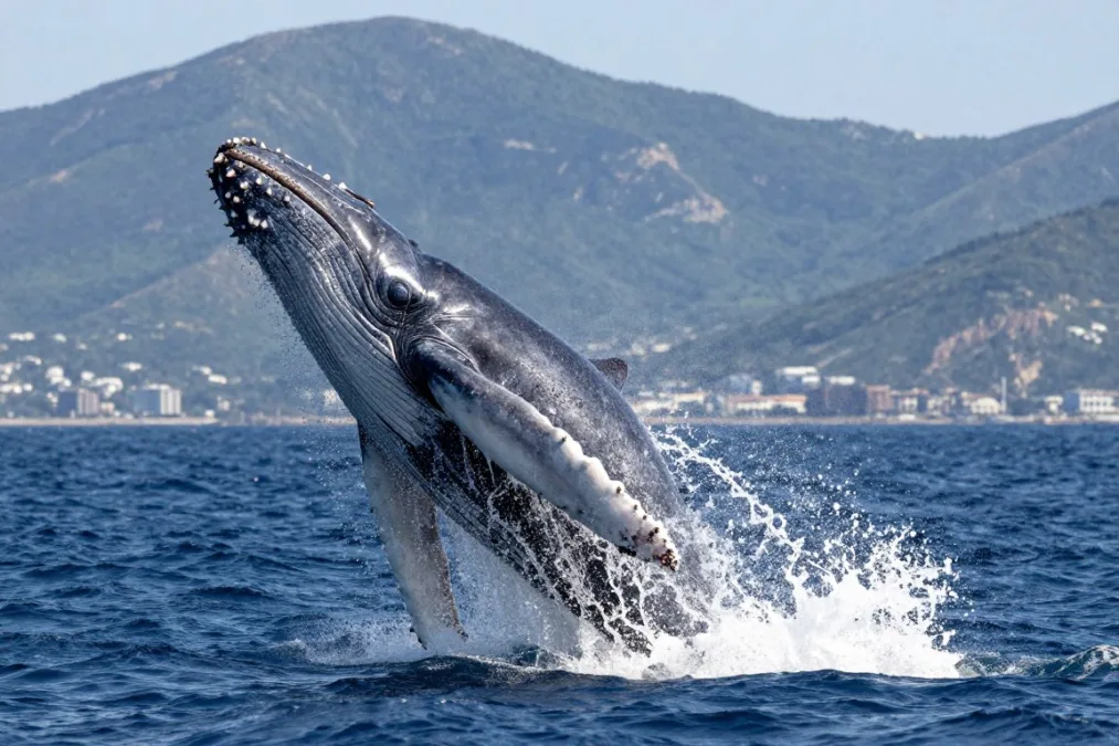 A humpback whale breaching out of clear ocean waters