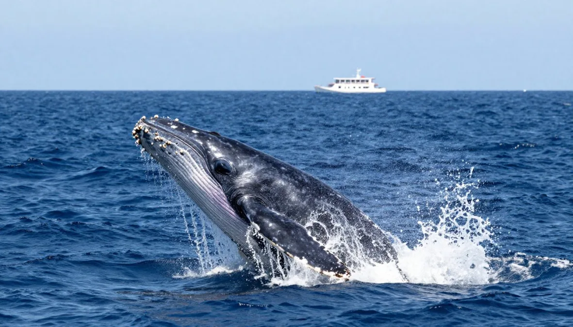 A humpback whale breaching out of ocean waters with passenger boat visible in the distance