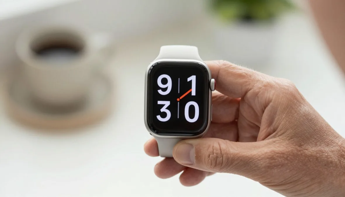 A large-screen rectangular smartwatch showing a high-contrast digital clock face A large-screen rectangular smartwatch showing a high-contrast digital clock face
