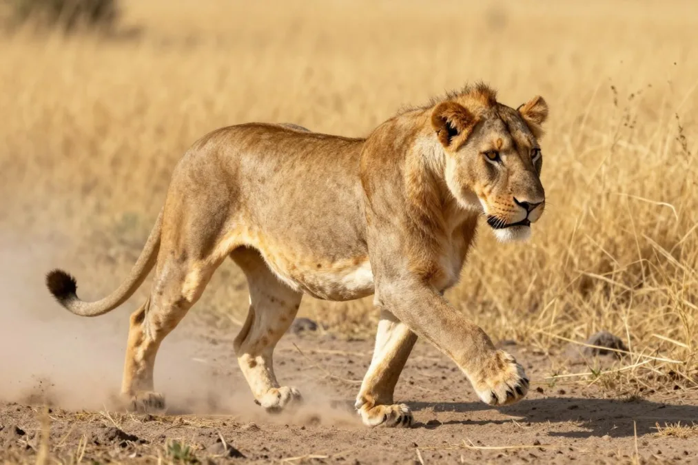 A lioness running across the short grass plains