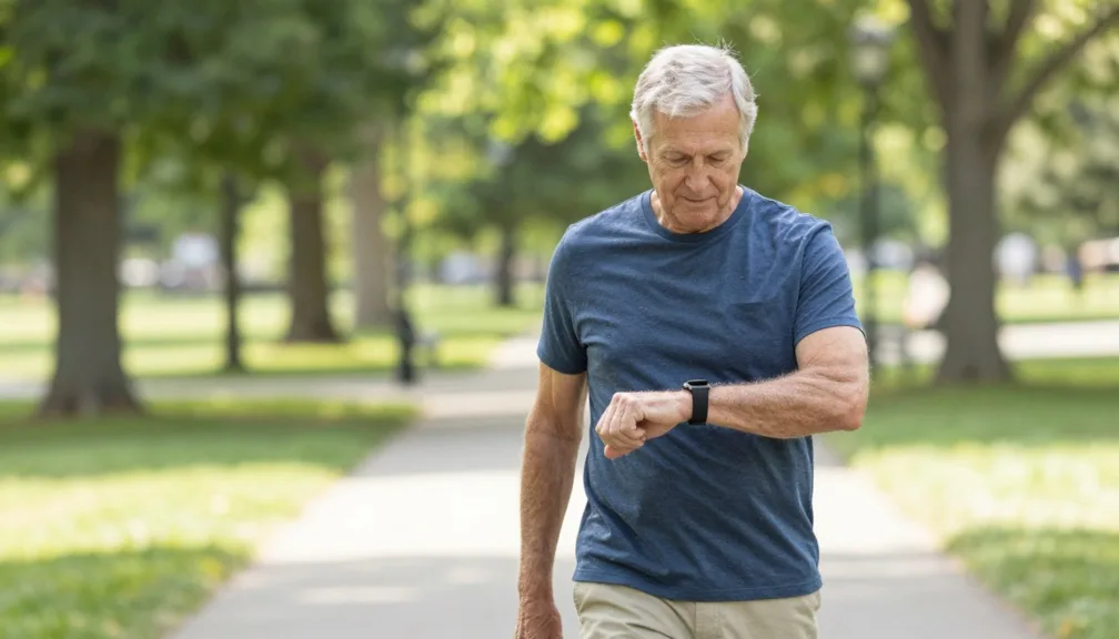 A mature adult walking outdoors on a park trail checking a modern health smartwatch on their wrist
