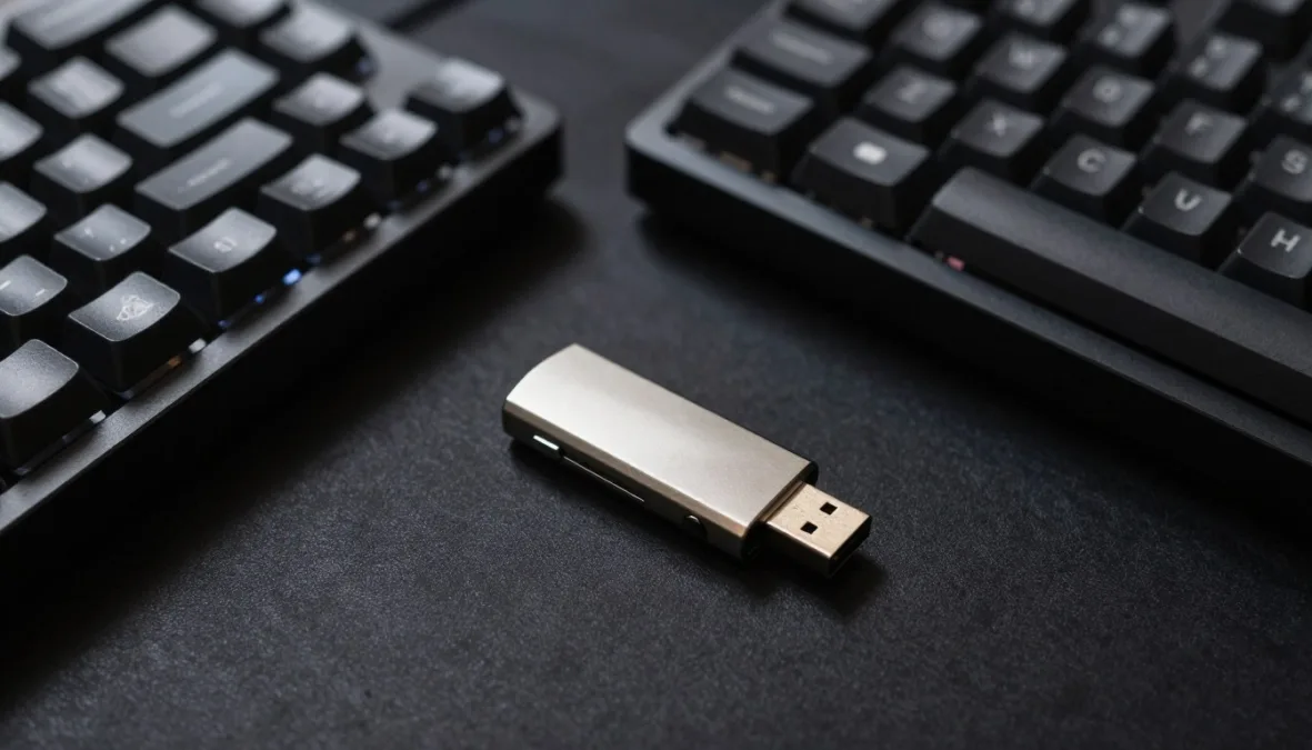 A metallic USB flash drive resting next to a modern mechanical keyboard A metallic USB flash drive resting next to a modern mechanical keyboard