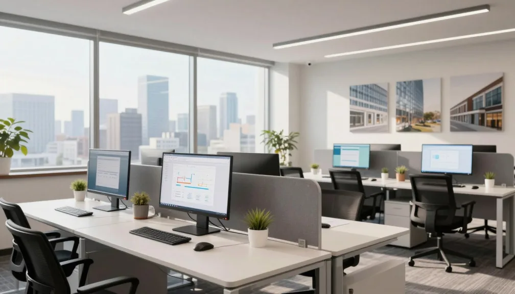 A modern collaborative workspace with organized desk setups and clean digital displays
