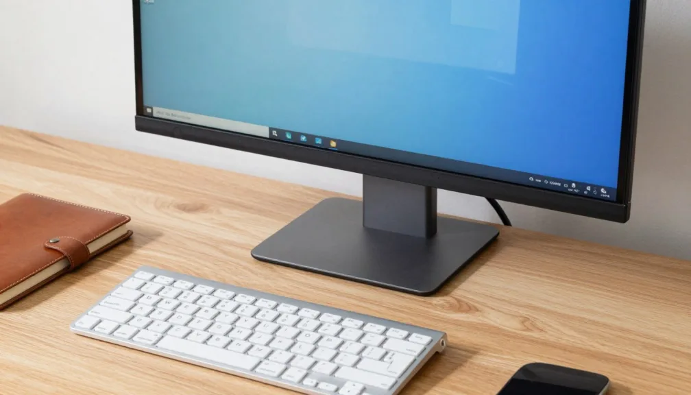 A modern desktop computer on an oak desk next to a notebook in a bright home office