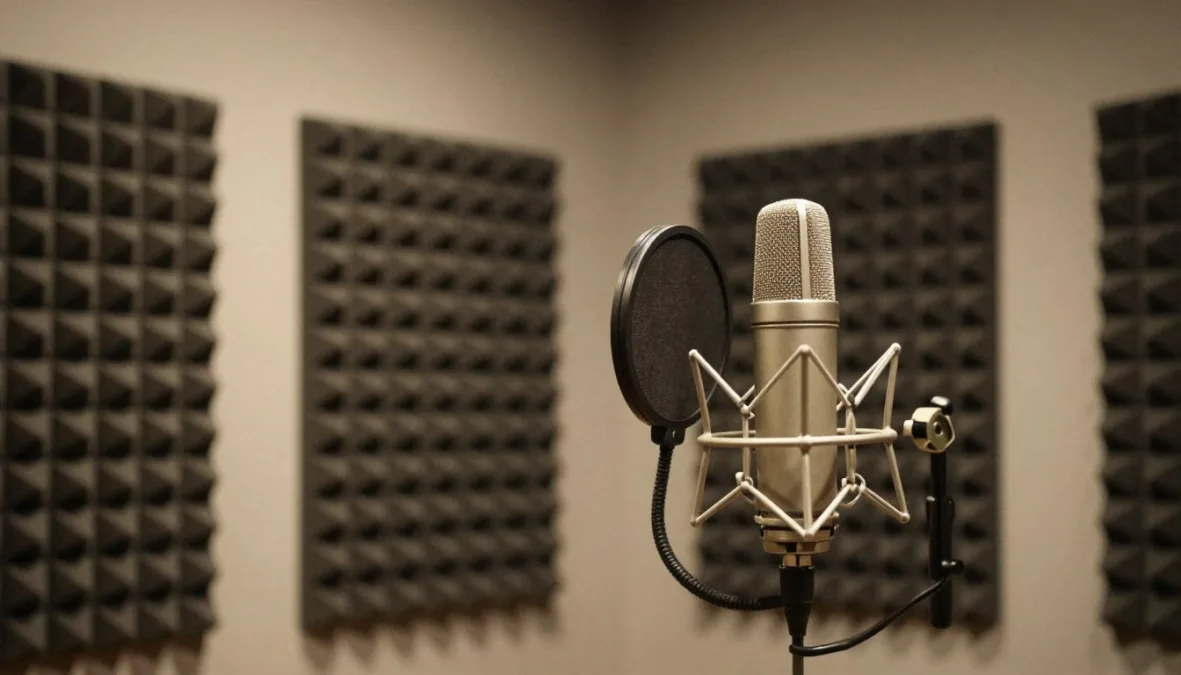A modern recording sound booth with acoustic panels and high-end equipment