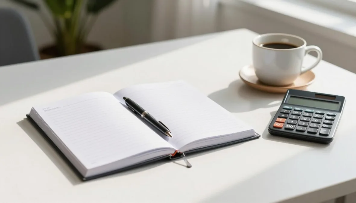 A modern small business workspace with an organized wooden desk, financial ledgers, and a calculator