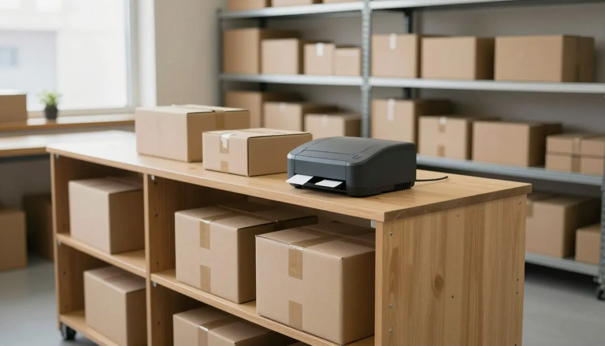 A neatly organized small warehouse area with packaged orders ready for shipment