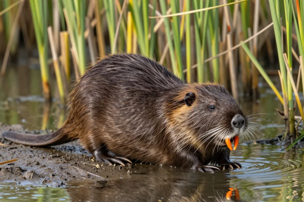A nutria rodent with long whiskers and orange teeth swimming near marsh vegetation