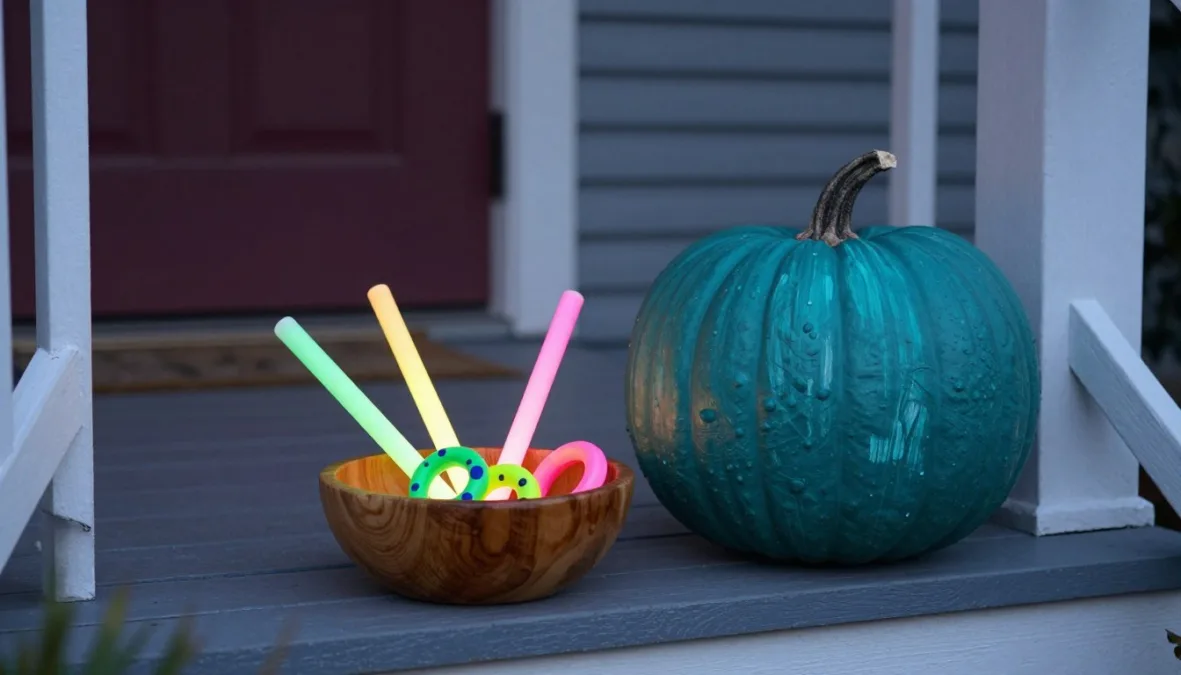 A painted teal pumpkin sitting on a doorstep next to safe treat options A painted teal pumpkin sitting on a doorstep next to safe treat options