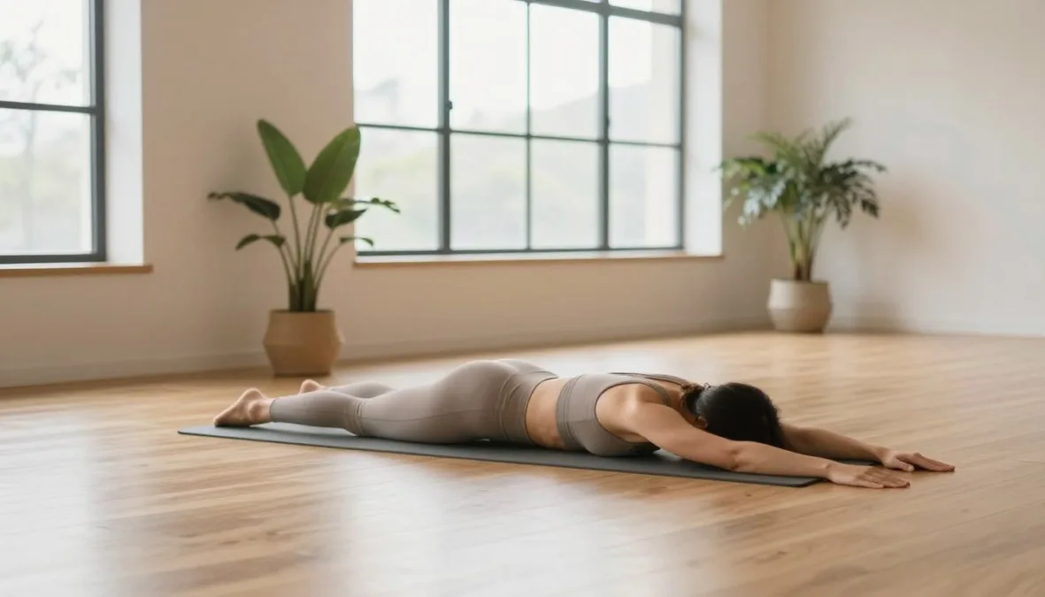 A person performing a controlled yoga stretch on a mat in a bright indoor studio