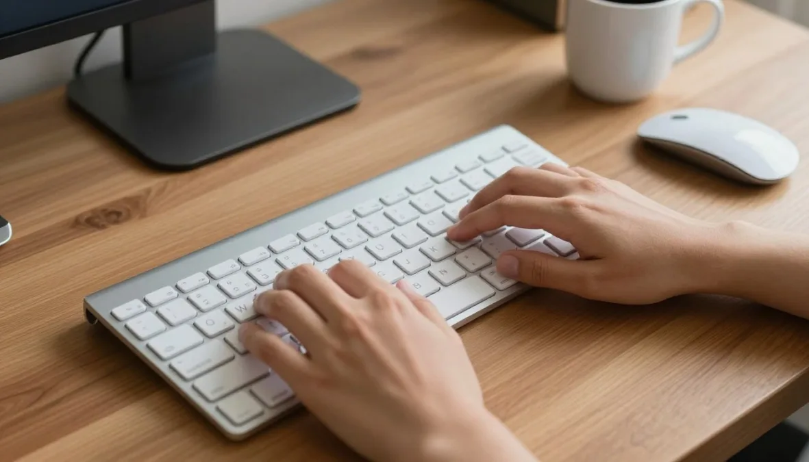 A person typing on a mechanical keyboard in an organized home workspace A person typing on a mechanical keyboard in an organized home workspace