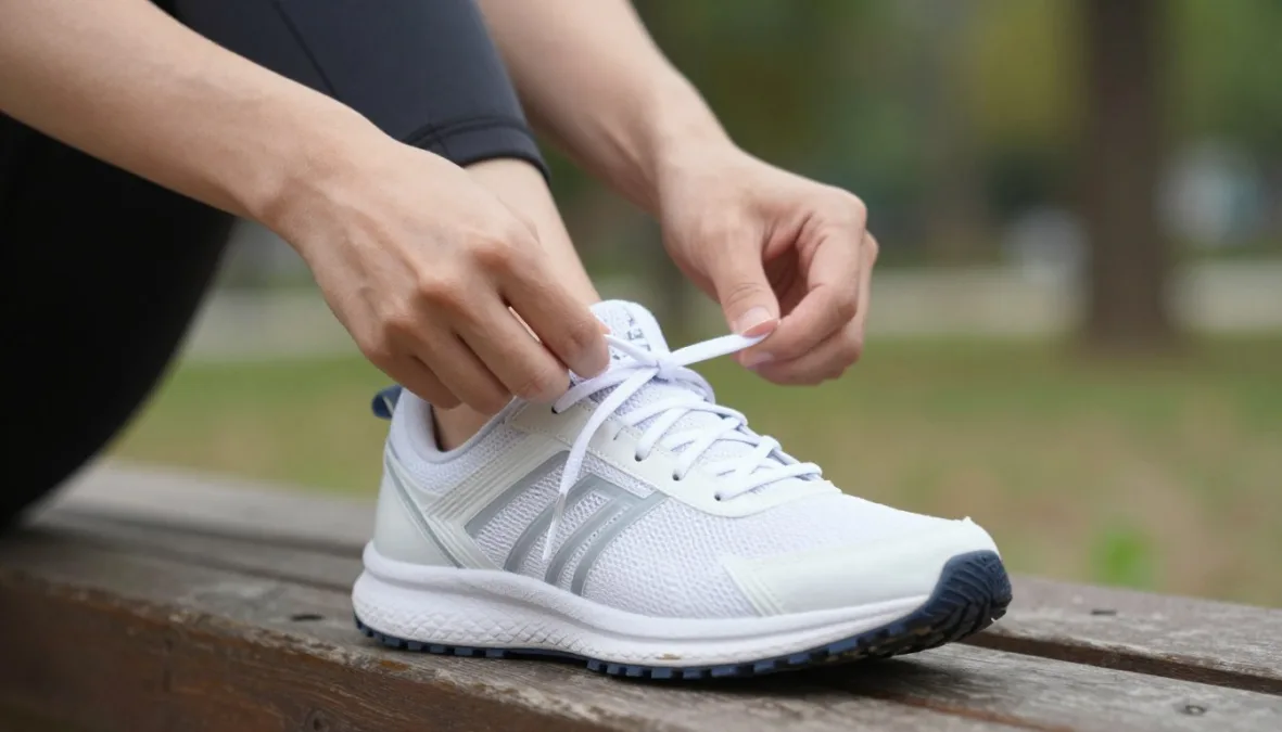 A person untying athletic walking shoes on an outdoor bench after a walk