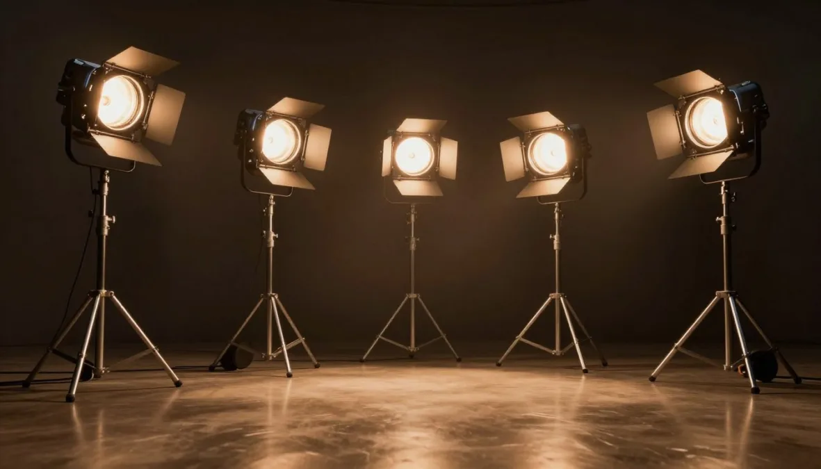 A professional film set lighting setup on an indoor soundstage