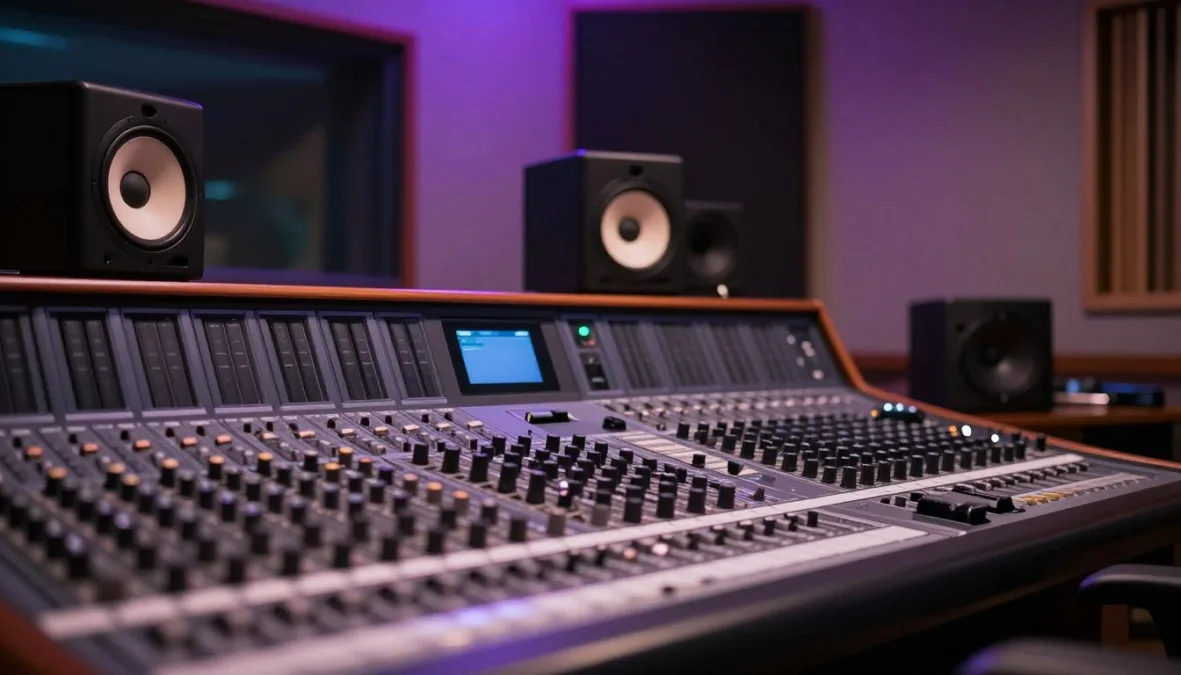 A professional recording studio control board with vintage audio equipment