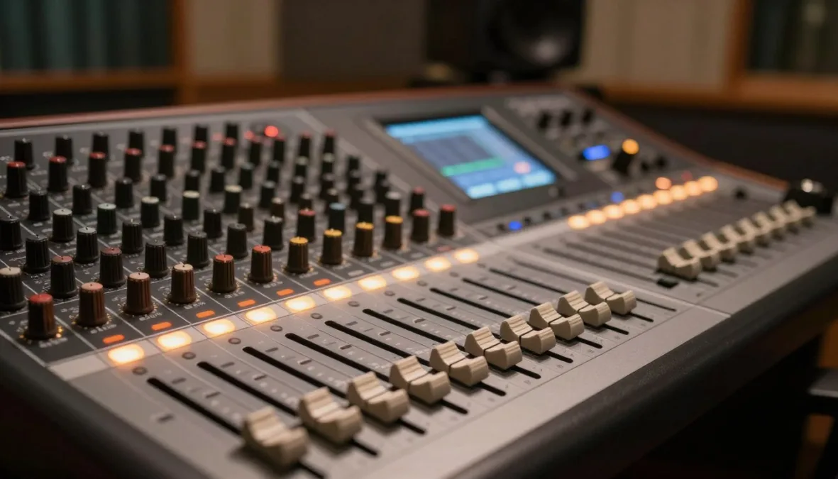 A professional soundboard with lit slider faders in a recording control room